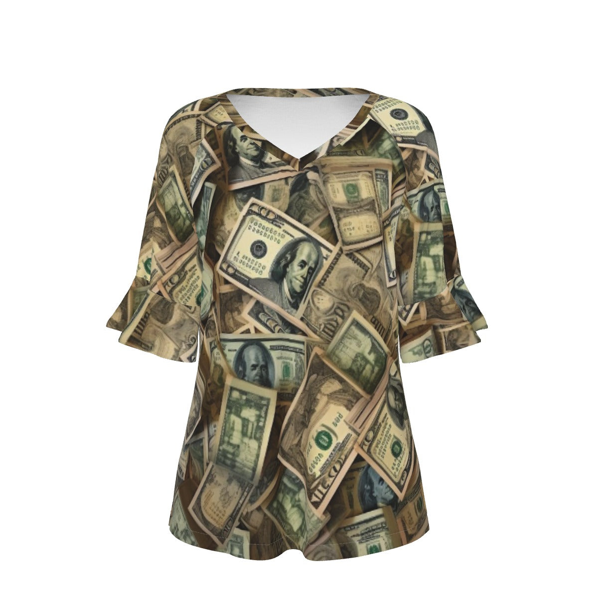 All-Over Print V-neck Women's T-shirt With Bell Sleeve