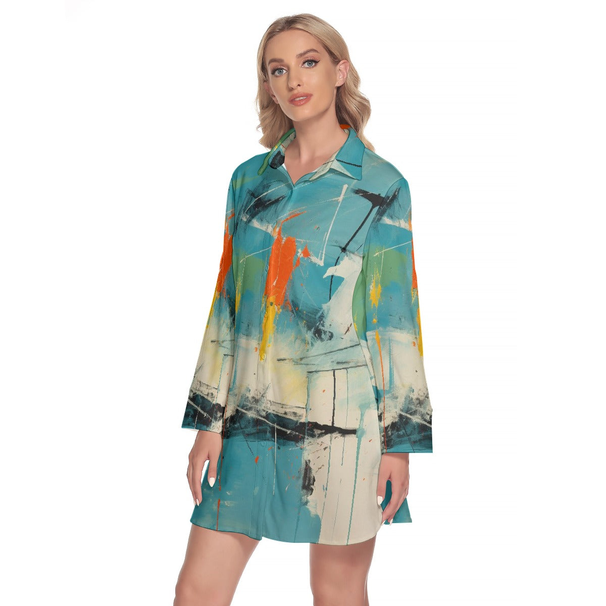 All-Over Print Women's Lapel Shirt Dress With Long Sleeve