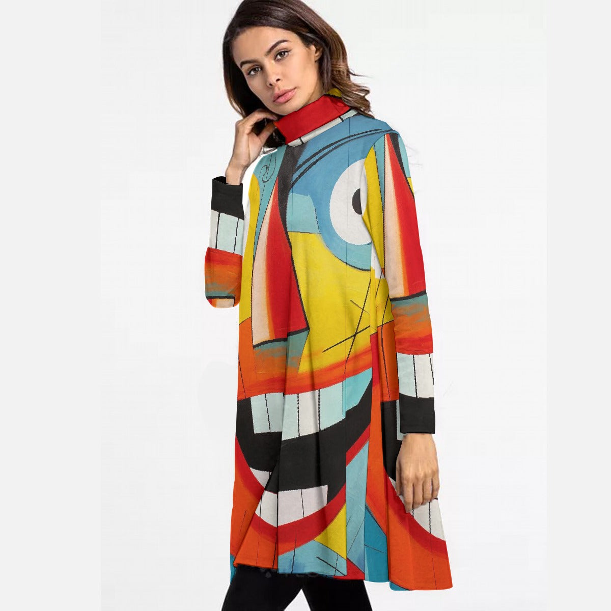 All-Over Print Women's High Neck Dress With Long Sleeve