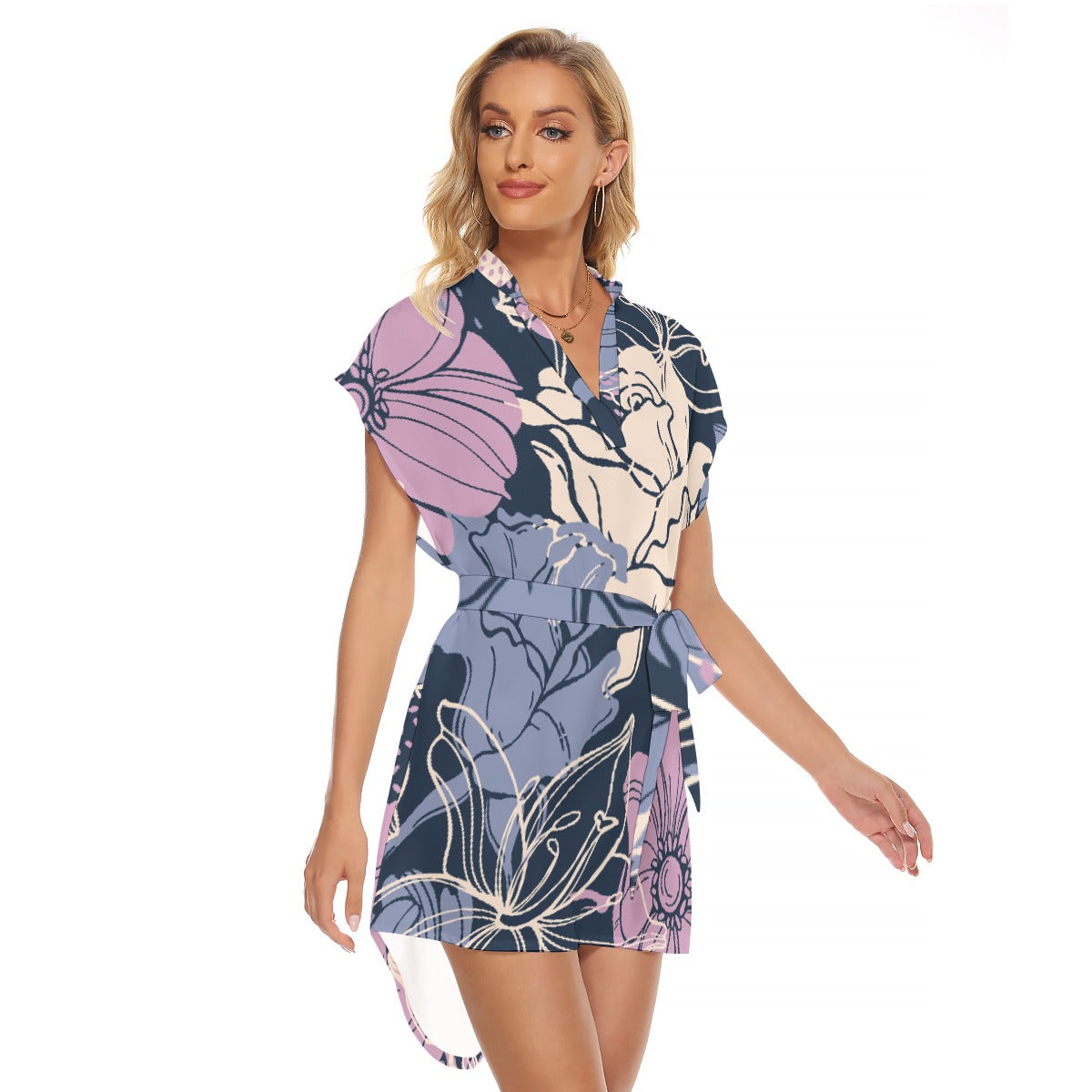 All-Over Print Women's Stand-up Collar Casual Dress With Belt