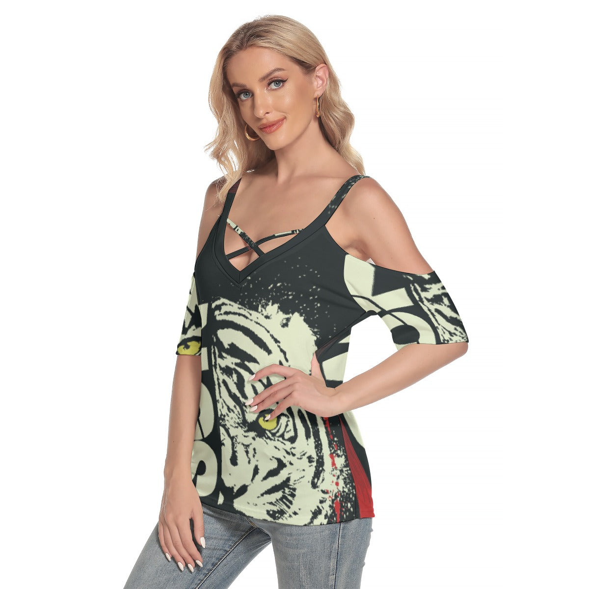 All-Over Print Women's Cold Shoulder T-shirt With Criss Cross Strips