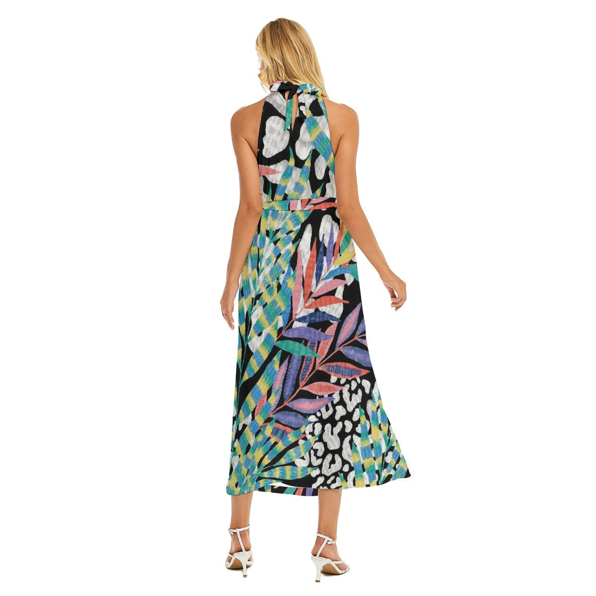 All-Over Print Women's Wrap Hem Belted Halter Dress