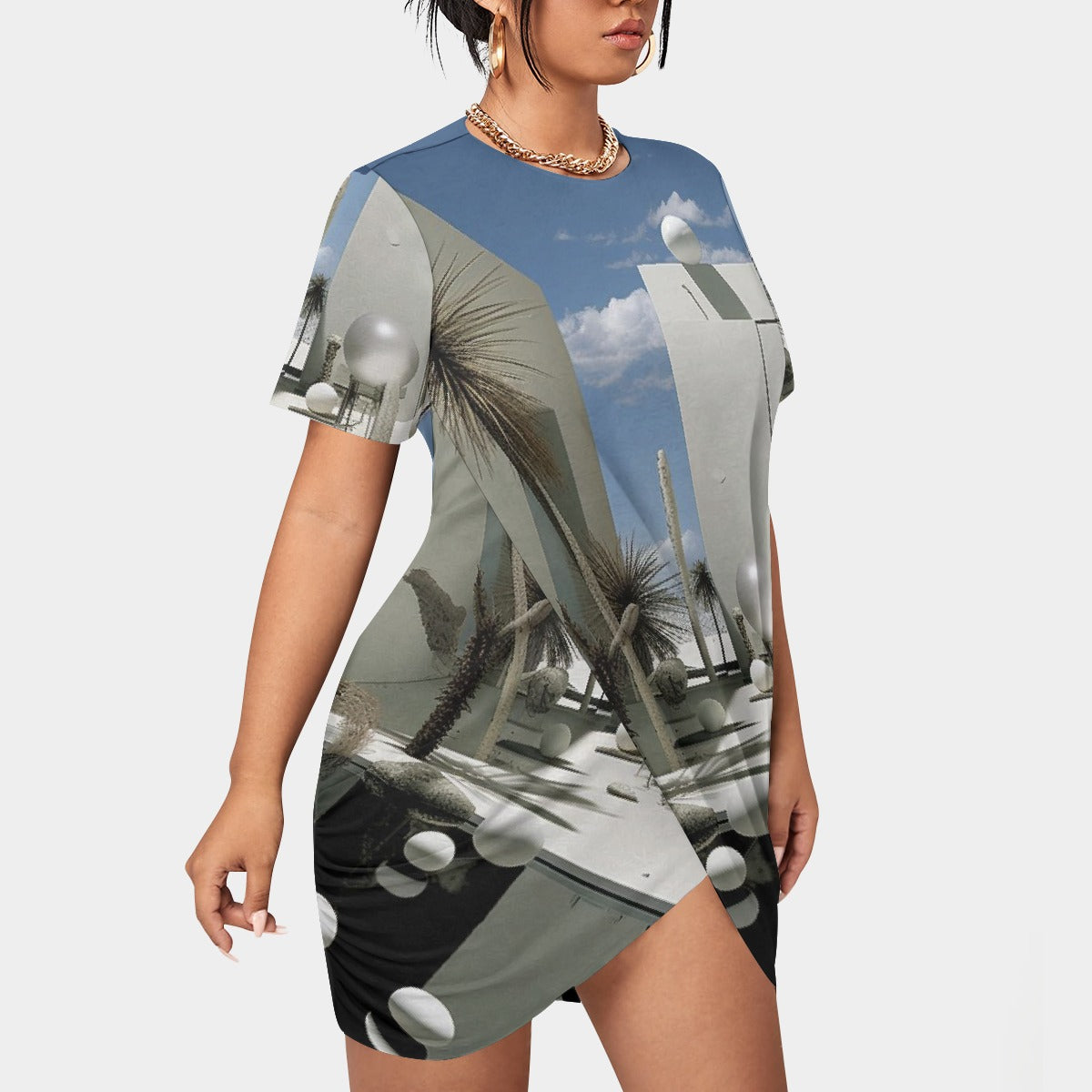 All-Over Print Women’s Stacked Hem Dress With Short Sleeve（Plus Size）