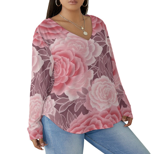 All-Over Print Women's V-neck T-shirt With Curved Hem(Plus Size)