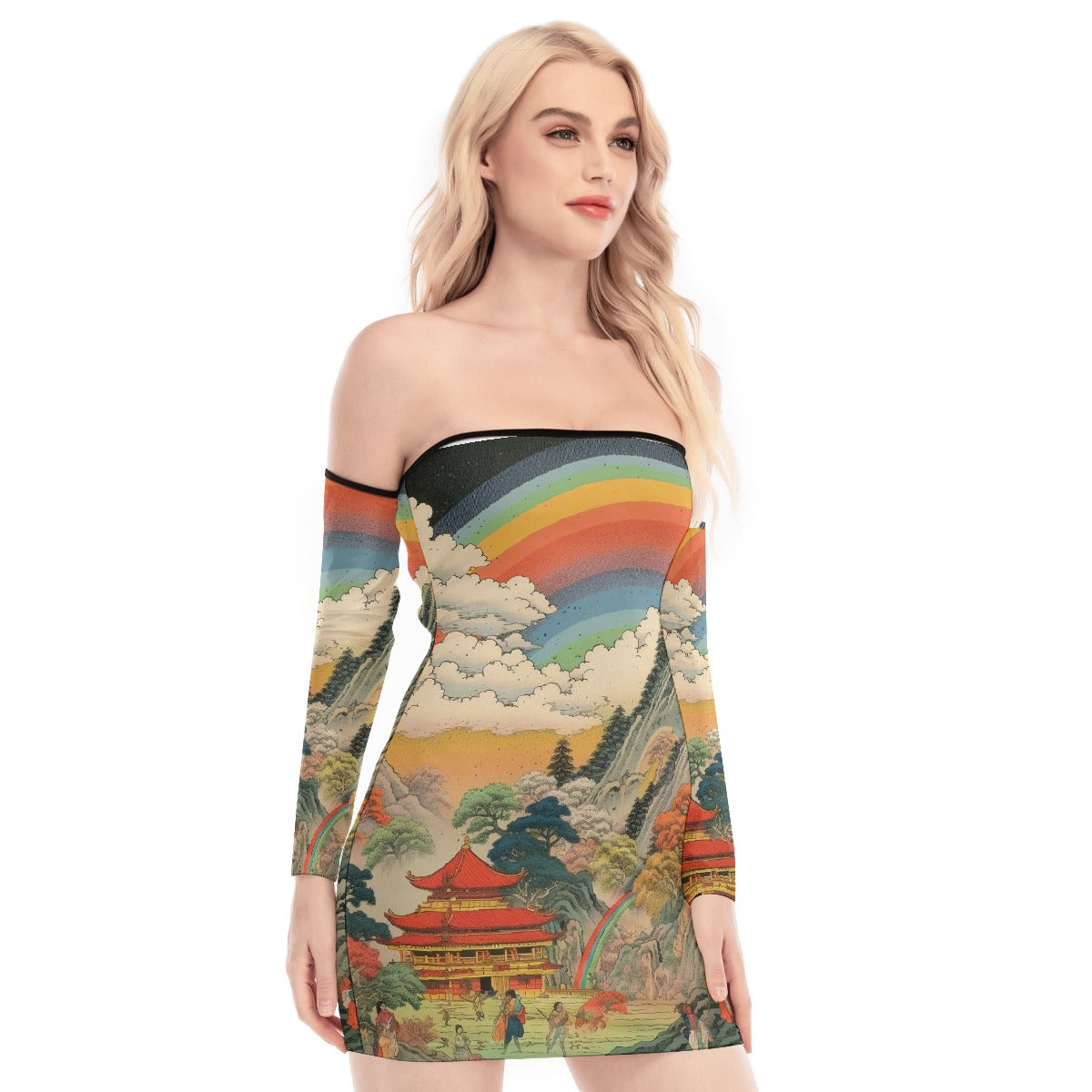 All-Over Print Women's Off-shoulder Back Lace-up Dress