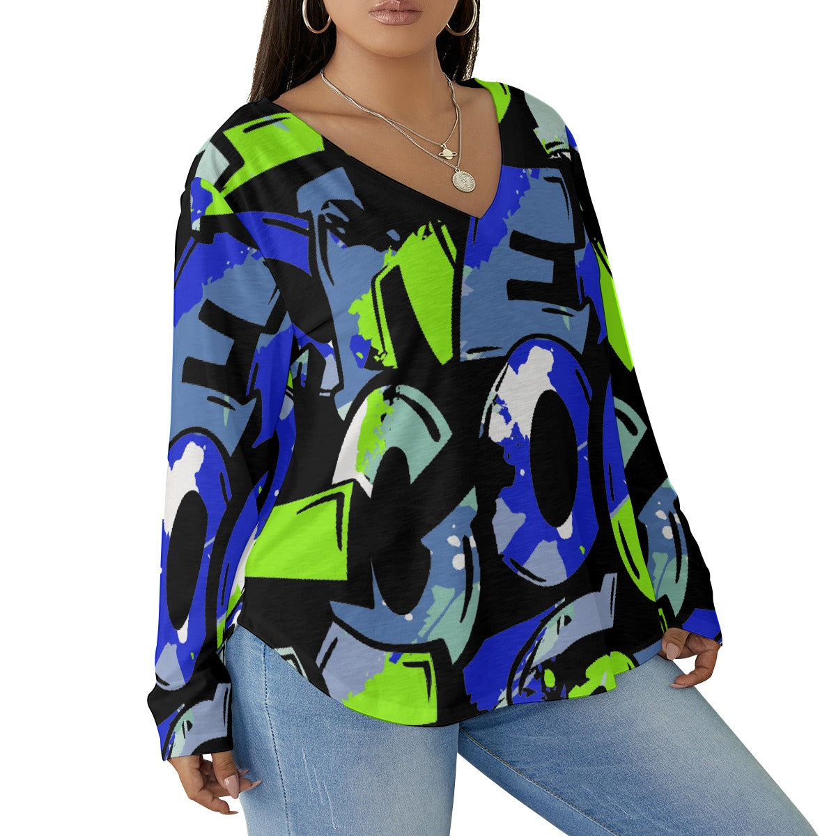 All-Over Print Women's V-neck T-shirt With Curved Hem(Plus Size)