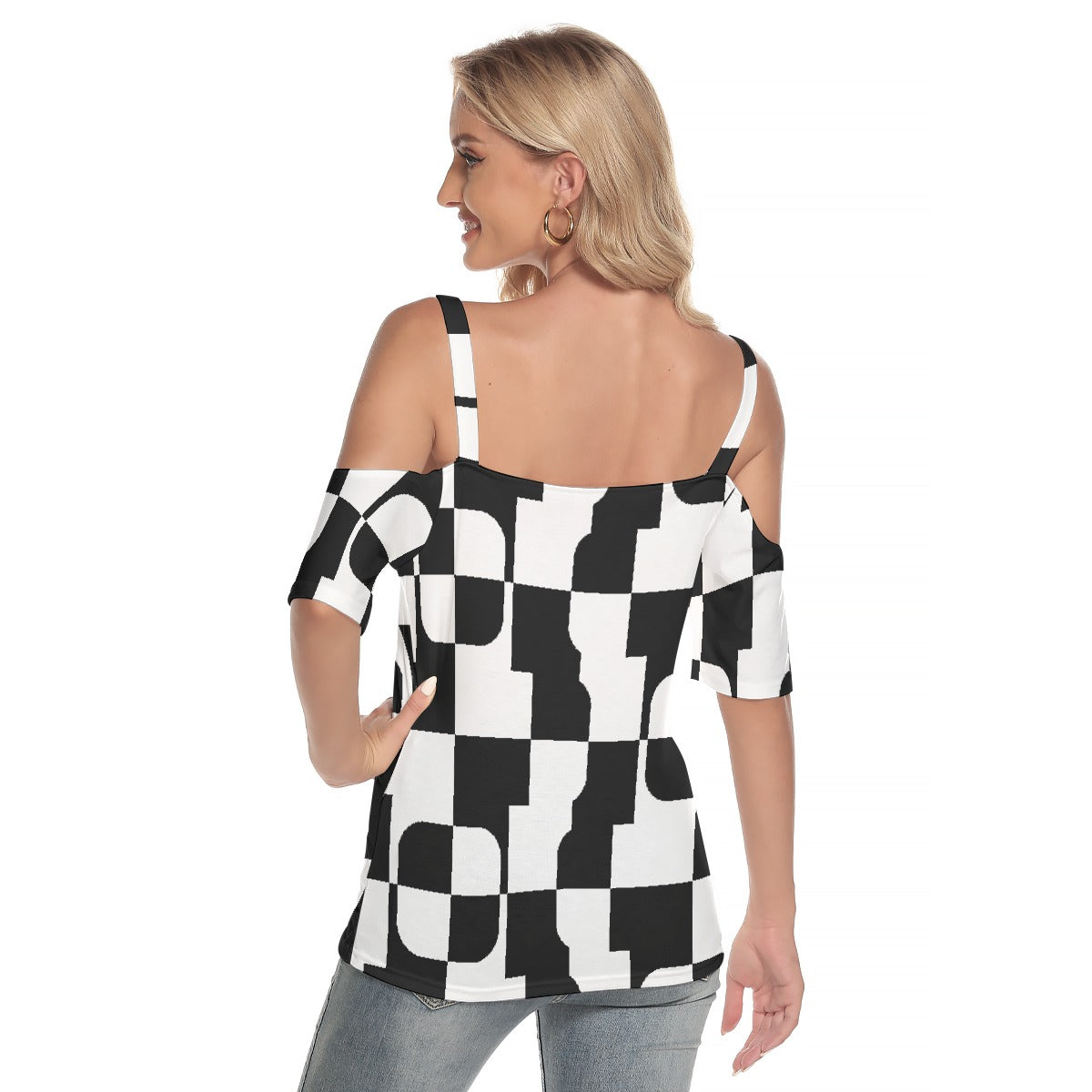 All-Over Print Women's Cold Shoulder T-shirt With Criss Cross Strips