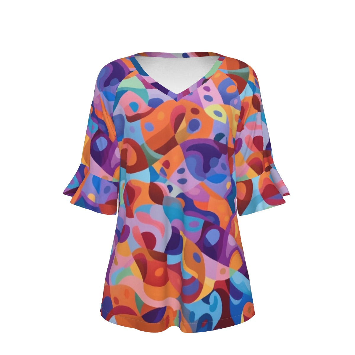 All-Over Print V-neck Women's T-shirt With Bell Sleeve