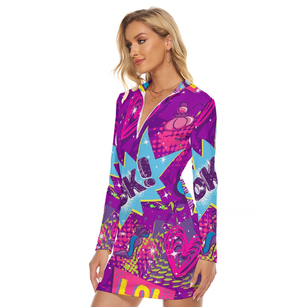 All-Over Print Women's Zip Front Tight Dress