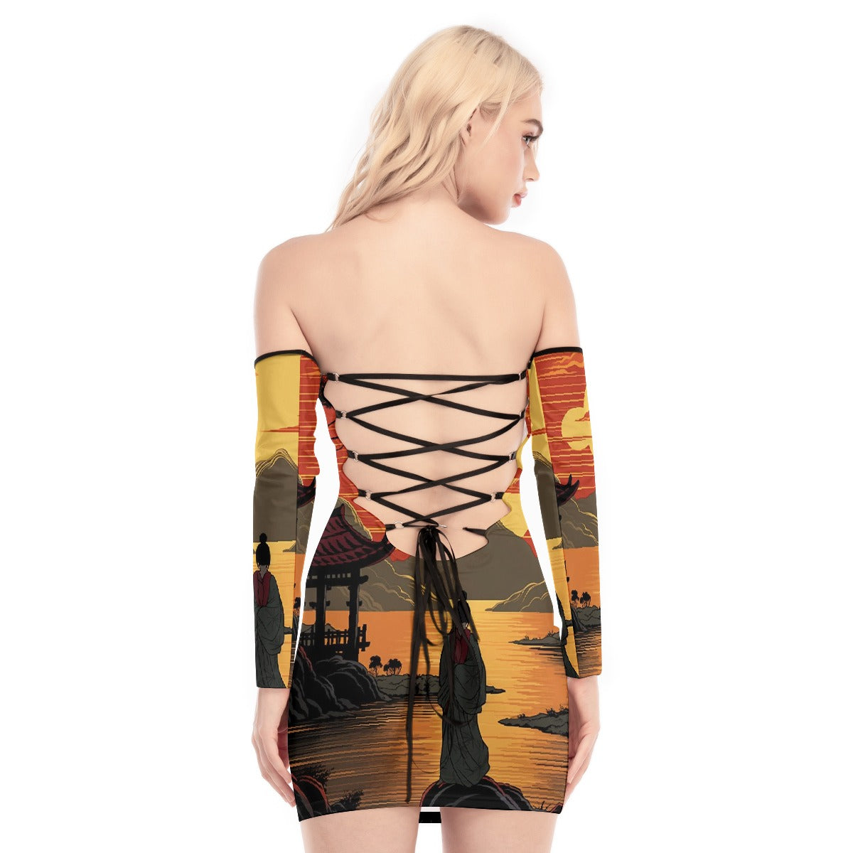 All-Over Print Women's Off-shoulder Back Lace-up Dress