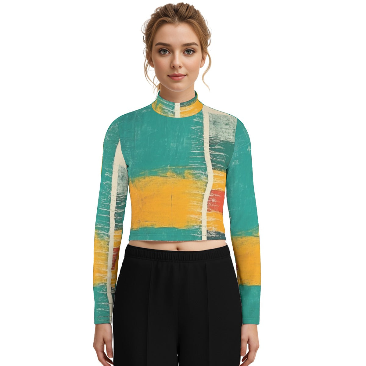 Eco-Friendly All-Over Print Women's Turtleneck T-shirt With Long Sleeve