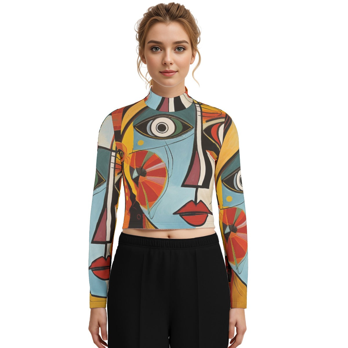 Eco-Friendly All-Over Print Women's Turtleneck T-shirt With Long Sleeve