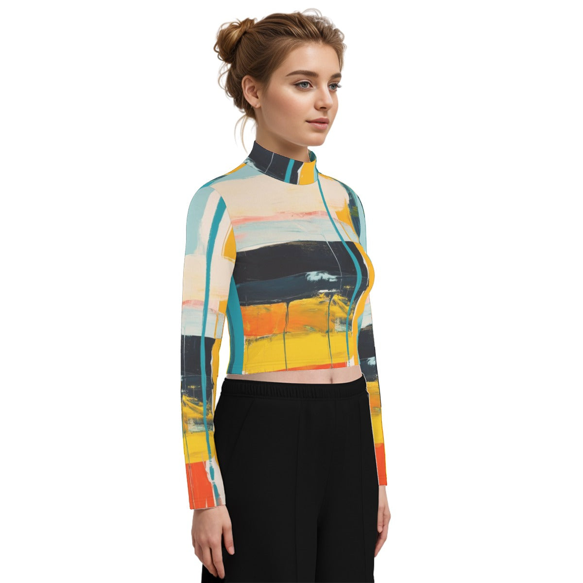 Eco-Friendly All-Over Print Women's Turtleneck T-shirt With Long Sleeve