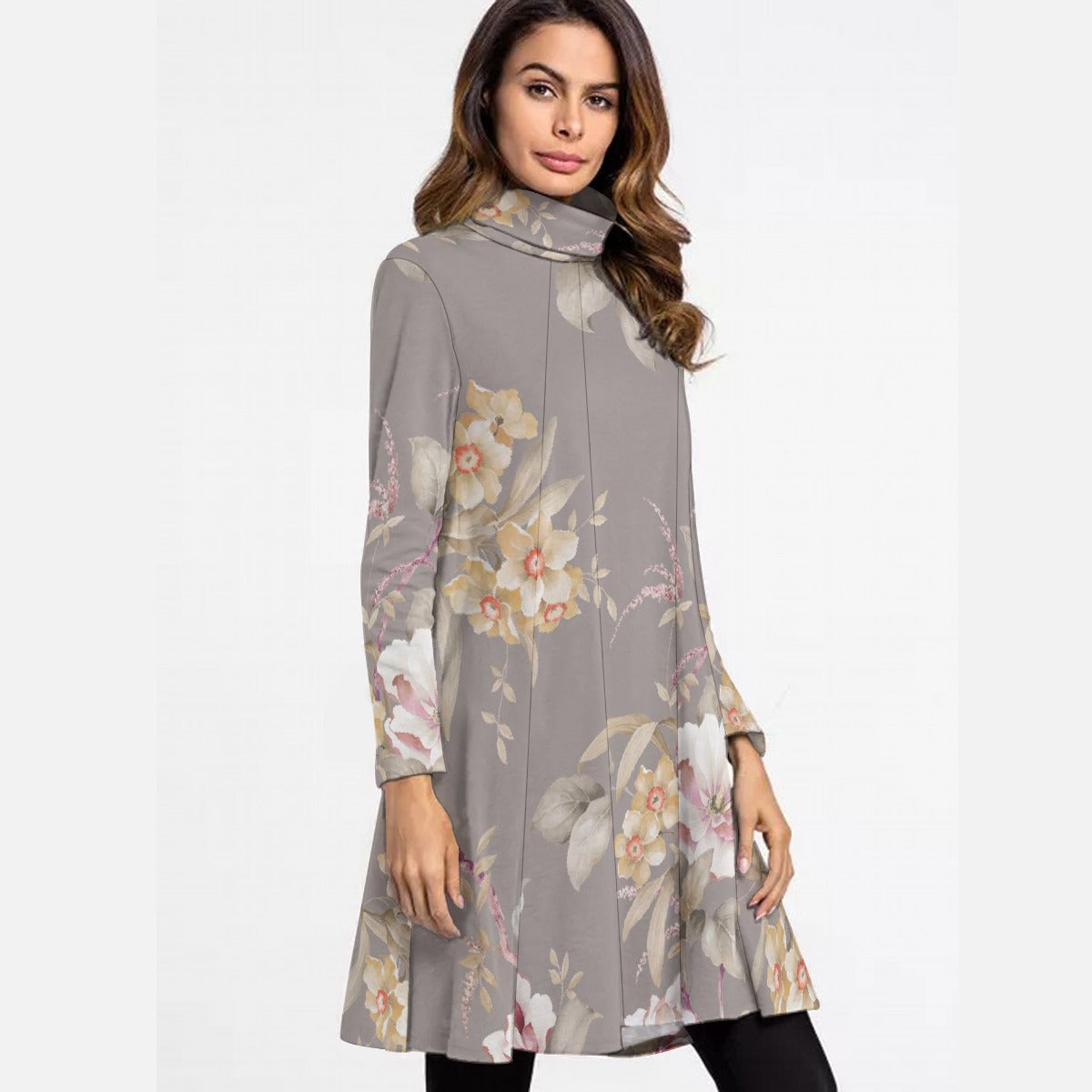 All-Over Print Women's High Neck Dress With Long Sleeve