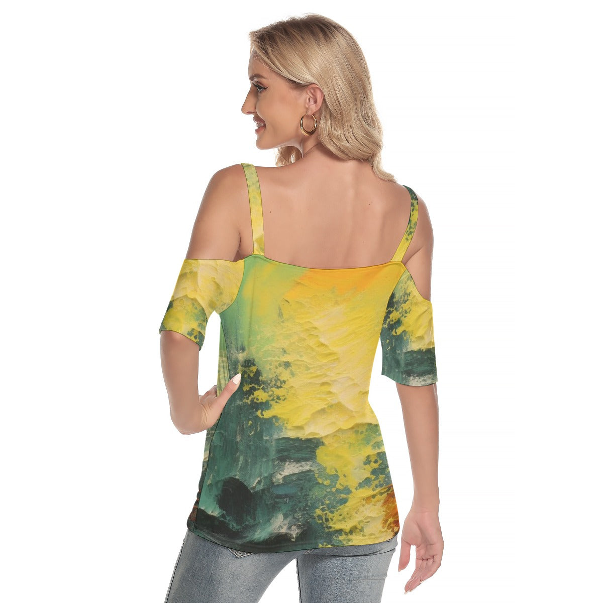 All-Over Print Women's Cold Shoulder T-shirt With Criss Cross Strips