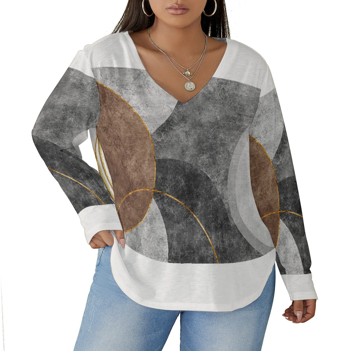 All-Over Print Women's V-neck T-shirt With Curved Hem(Plus Size)