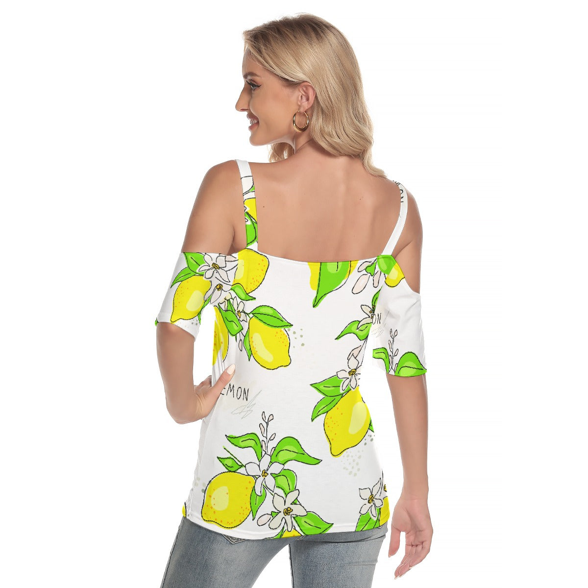 All-Over Print Women's Cold Shoulder T-shirt With Criss Cross Strips