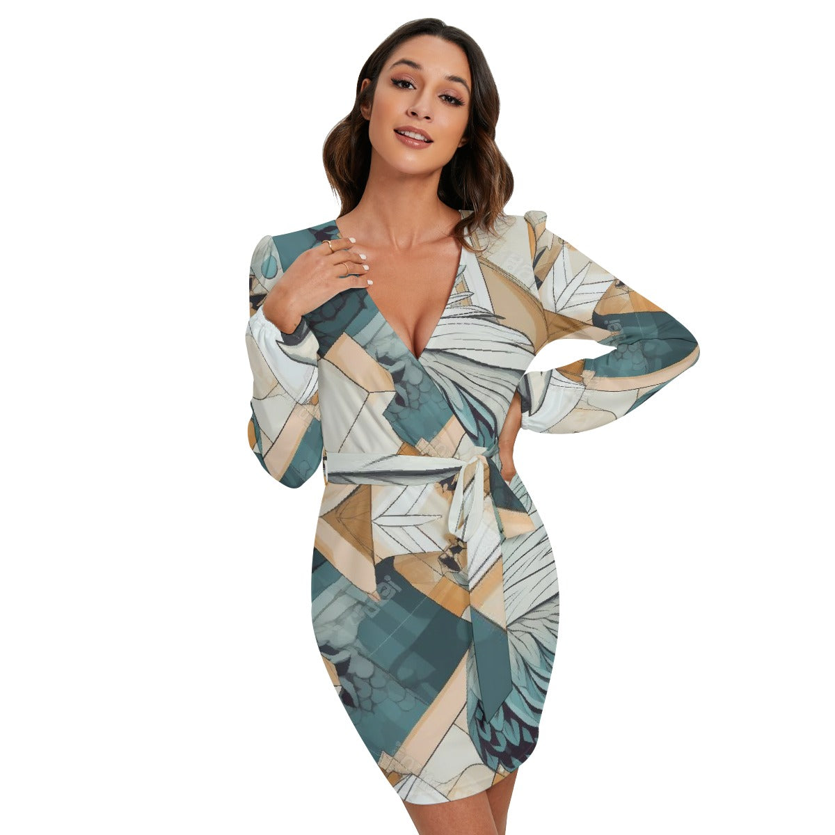 All-Over Print Women's Long Sleeve Dress With Waist Belt