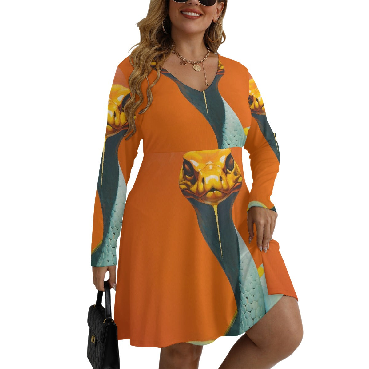 All-Over Print Women's V-neck Long Sleeve Dress(Plus Size)