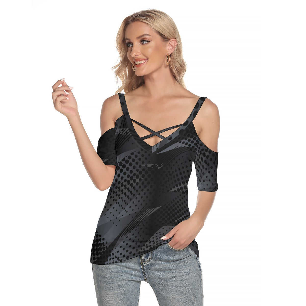 All-Over Print Women's Cold Shoulder T-shirt With Criss Cross Strips