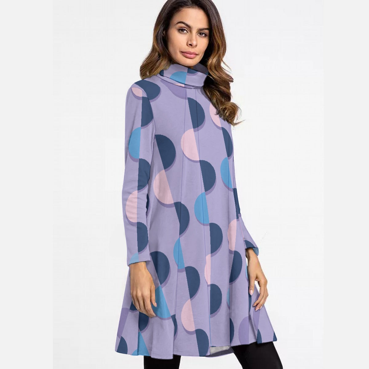 All-Over Print Women's High Neck Dress With Long Sleeve