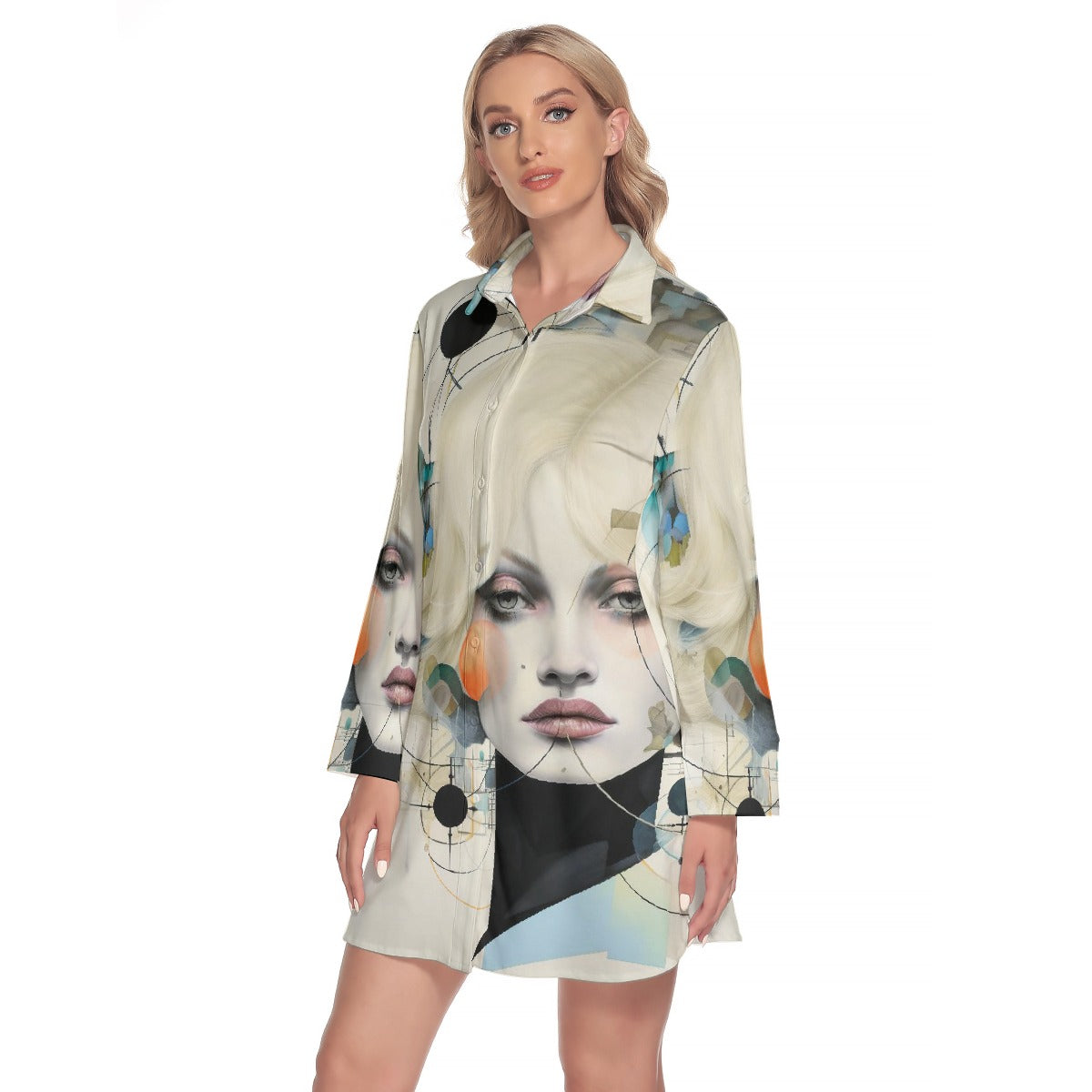 All-Over Print Women's Lapel Shirt Dress With Long Sleeve