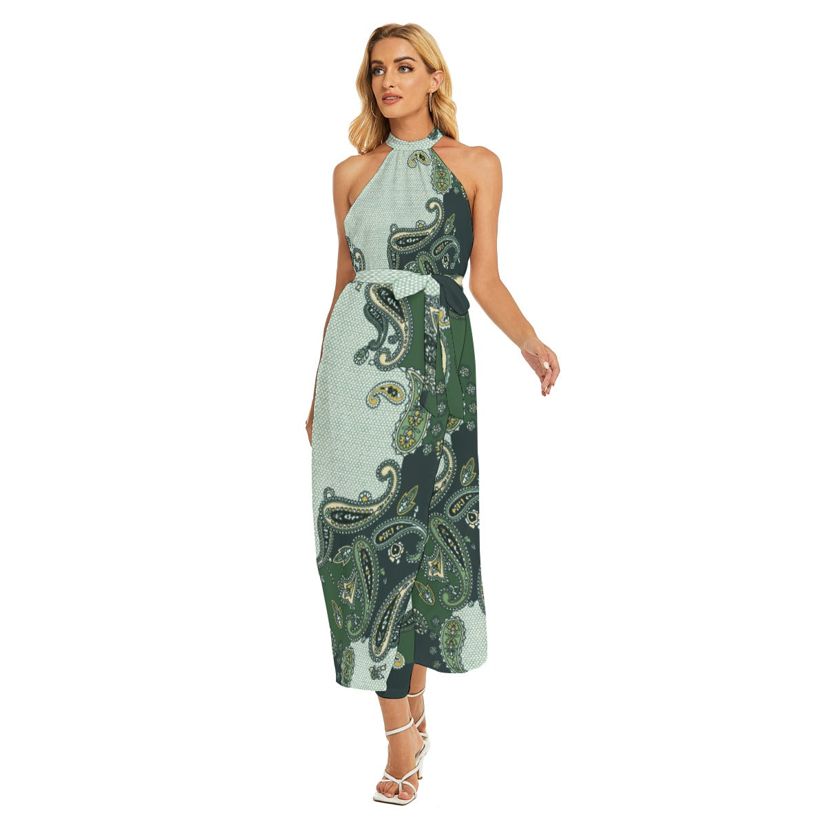 All-Over Print Women's Wrap Hem Belted Halter Dress