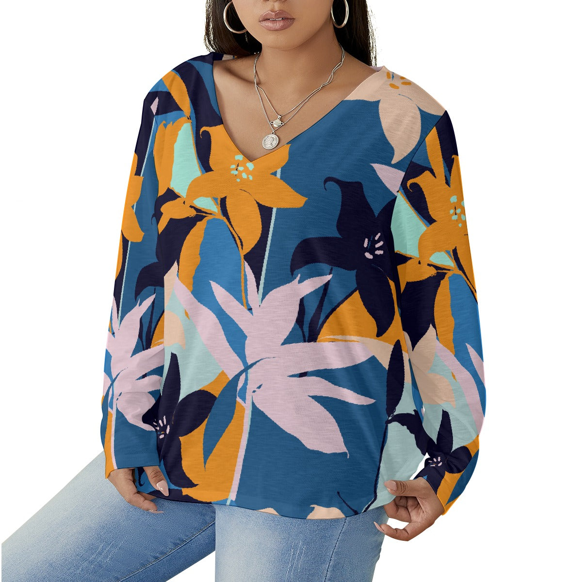 All-Over Print Women's V-neck T-shirt With Curved Hem(Plus Size)