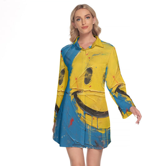 All-Over Print Women's Lapel Shirt Dress With Long Sleeve