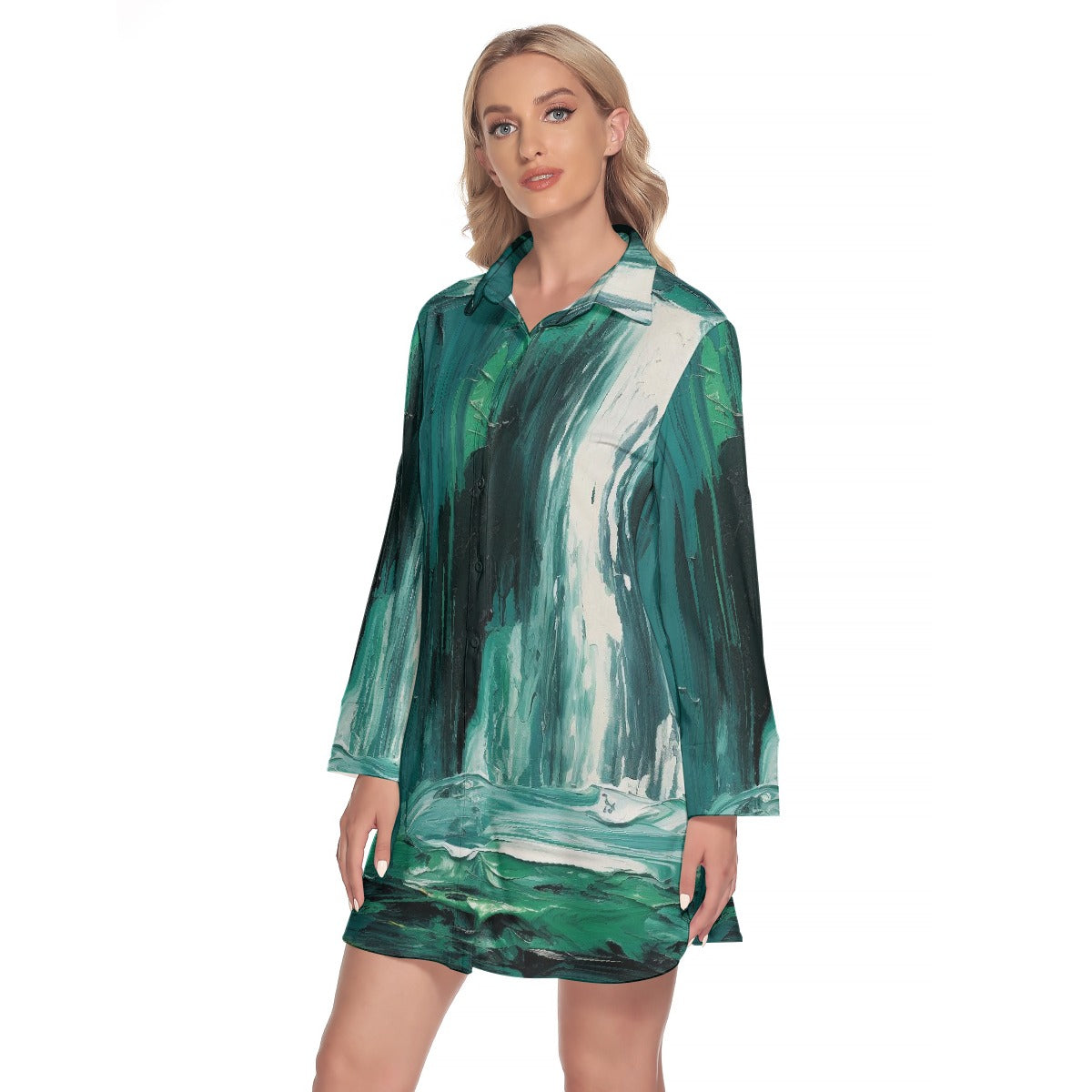 All-Over Print Women's Lapel Shirt Dress With Long Sleeve