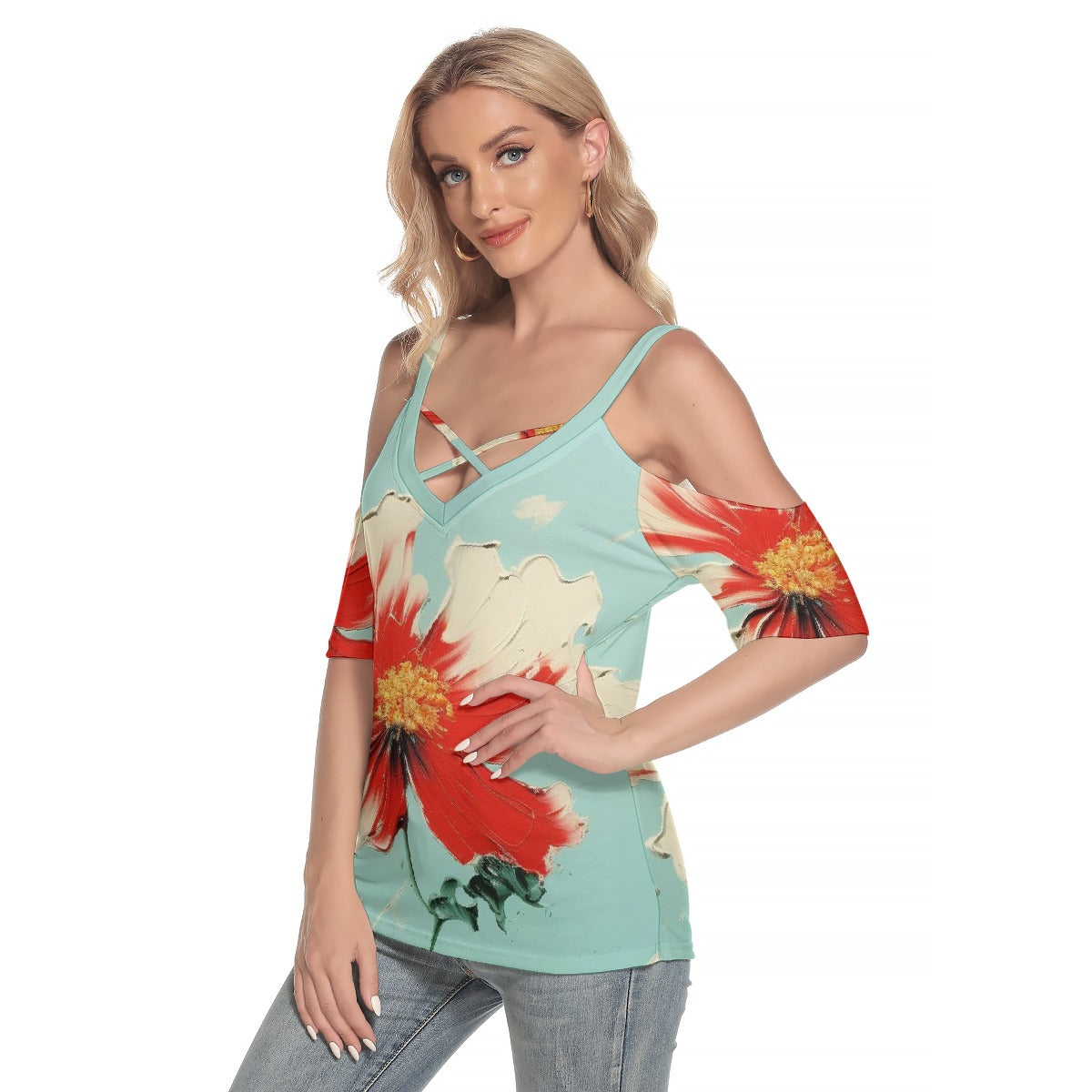 All-Over Print Women's Cold Shoulder T-shirt With Criss Cross Strips