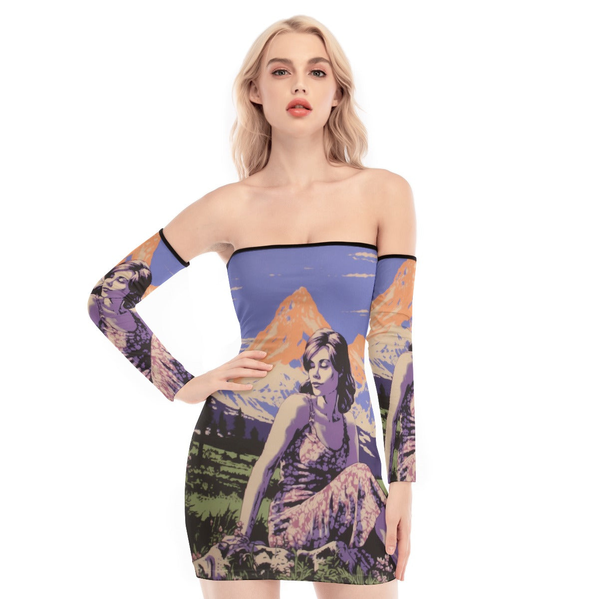 All-Over Print Women's Off-shoulder Back Lace-up Dress