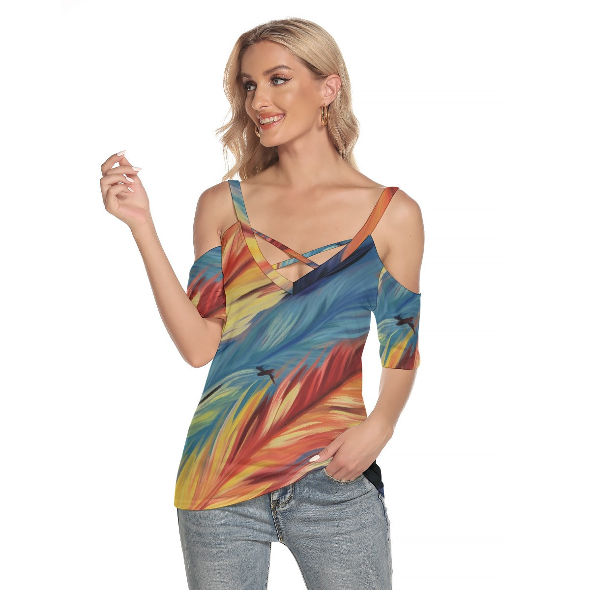 All-Over Print Women's Cold Shoulder T-shirt With Criss Cross Strips