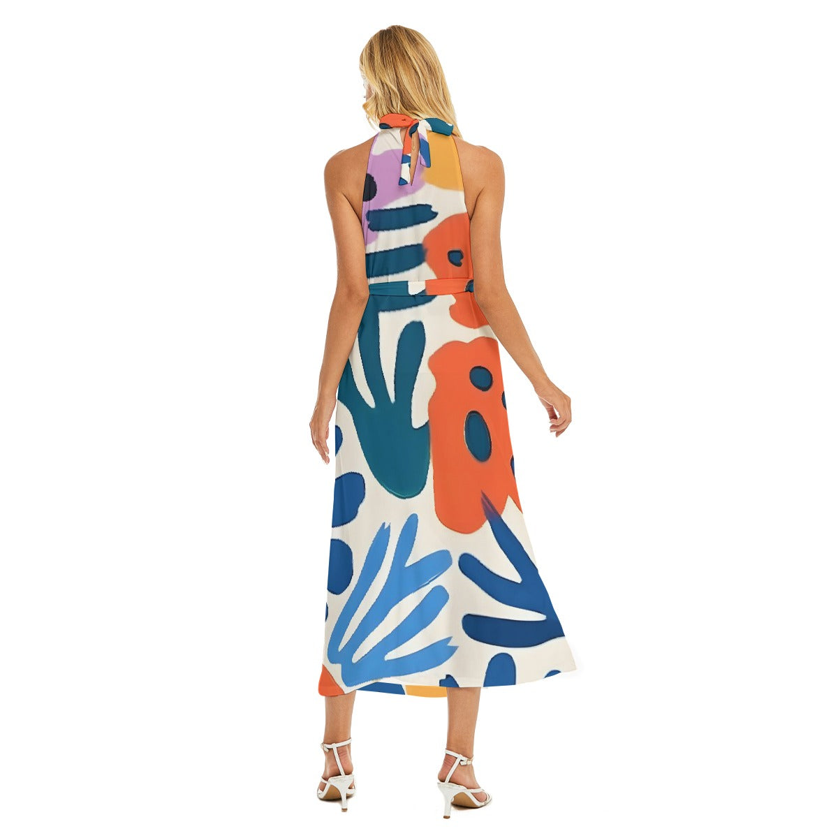 All-Over Print Women's Wrap Hem Belted Halter Dress