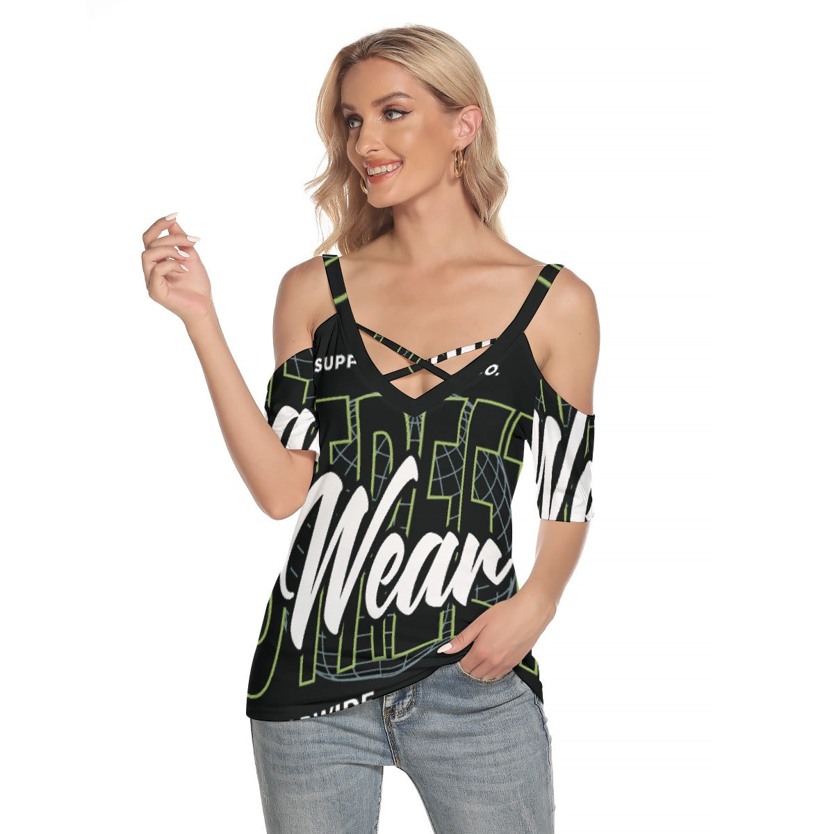 All-Over Print Women's Cold Shoulder T-shirt With Criss Cross Strips