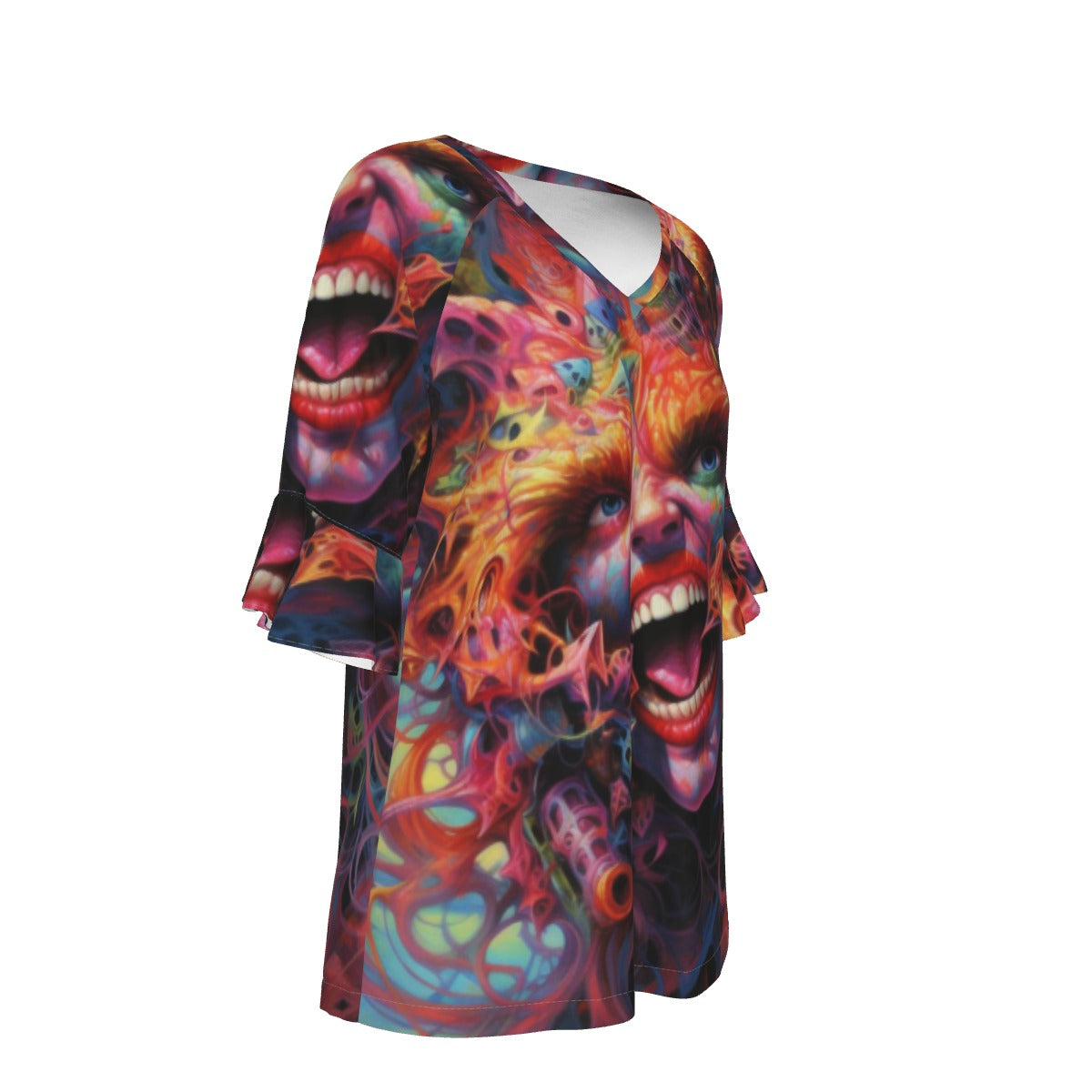 All-Over Print V-neck Women's T-shirt With Bell Sleeve