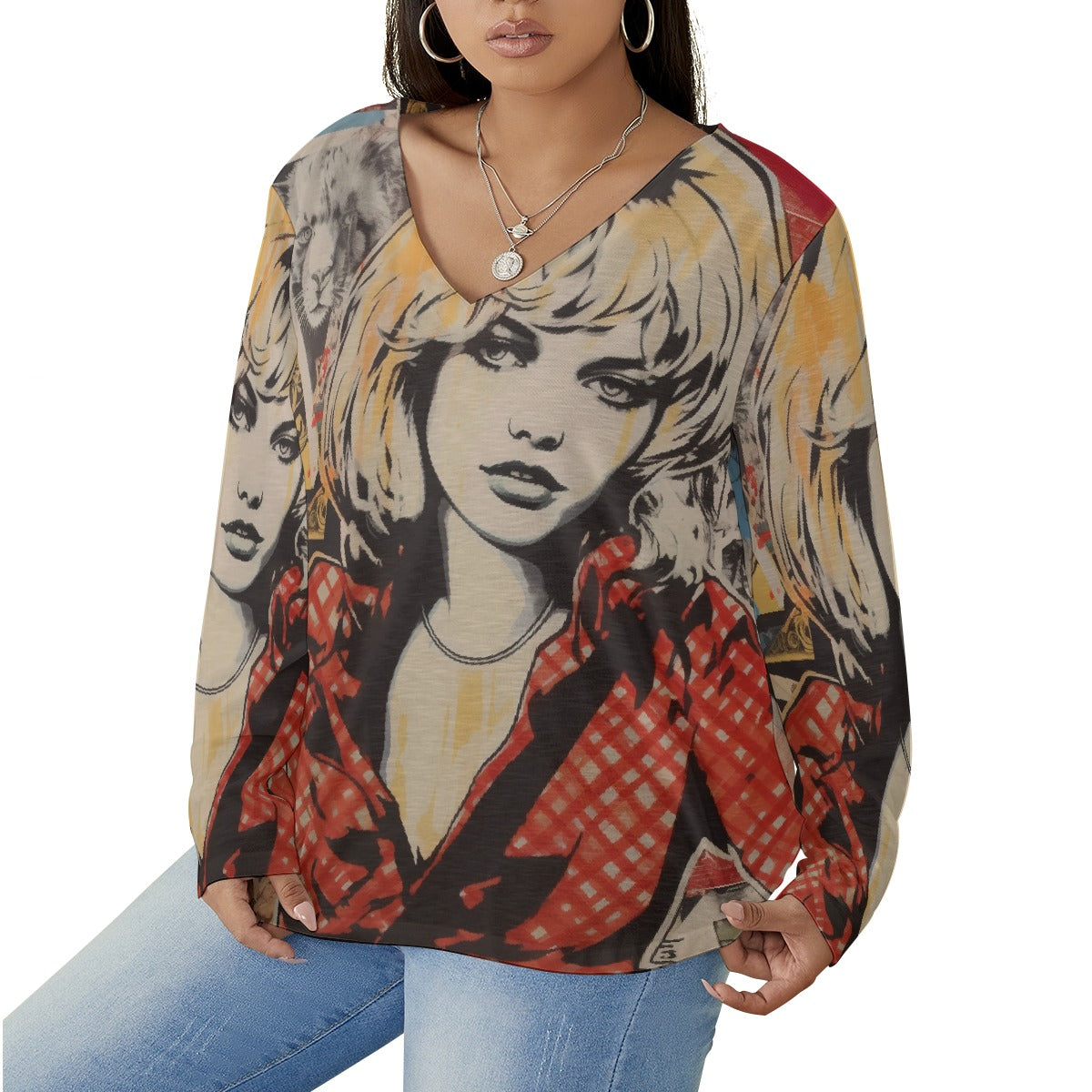 All-Over Print Women's V-neck T-shirt With Curved Hem(Plus Size)