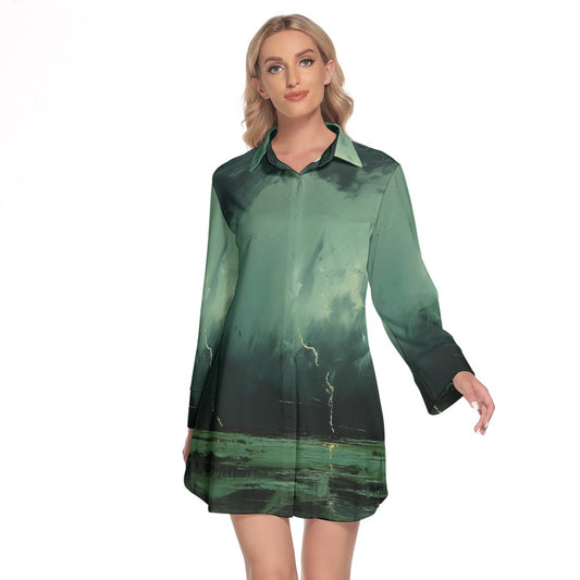 All-Over Print Women's Lapel Shirt Dress With Long Sleeve