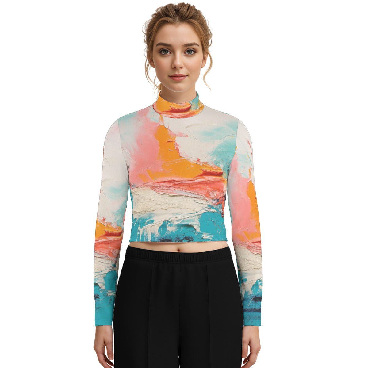 Eco-Friendly All-Over Print Women's Turtleneck T-shirt With Long Sleeve