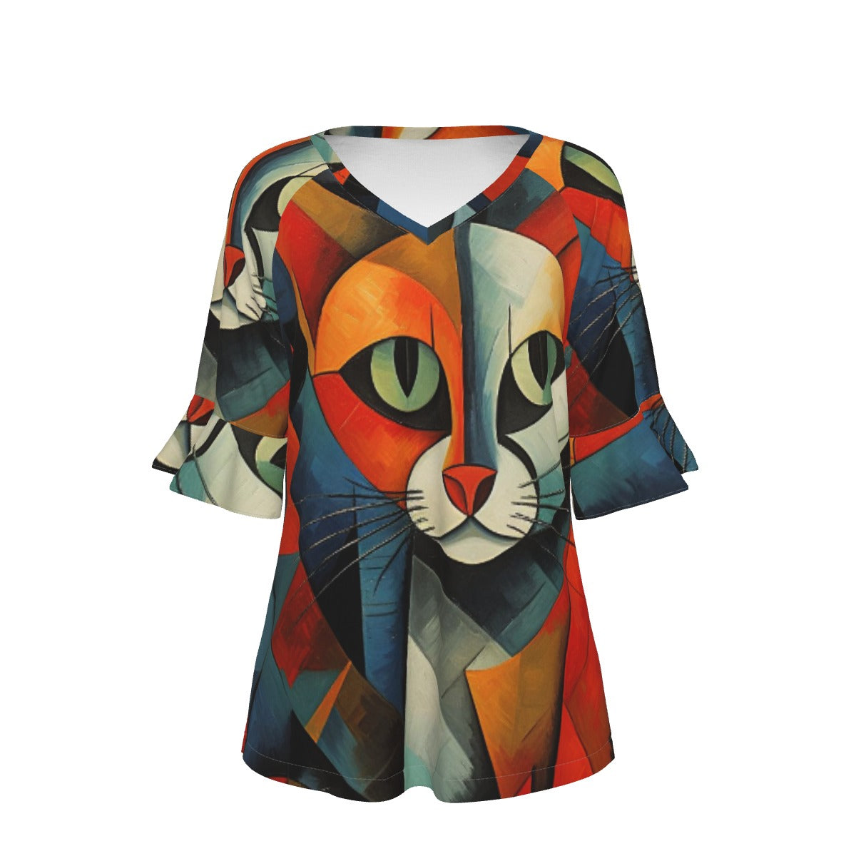 All-Over Print V-neck Women's T-shirt With Bell Sleeve