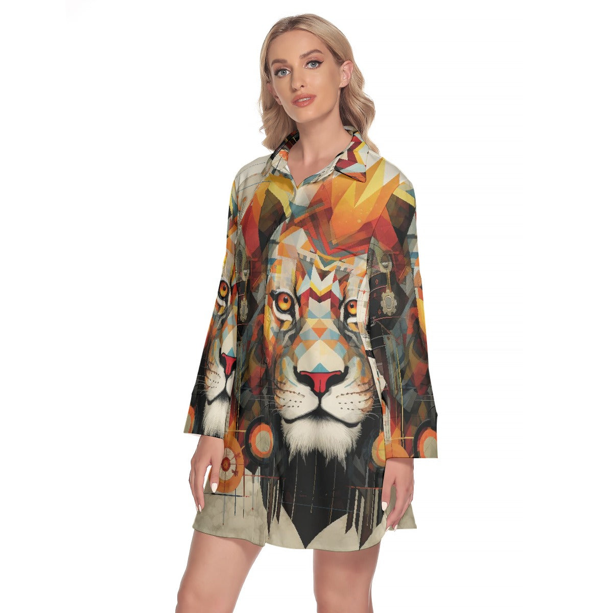 All-Over Print Women's Lapel Shirt Dress With Long Sleeve