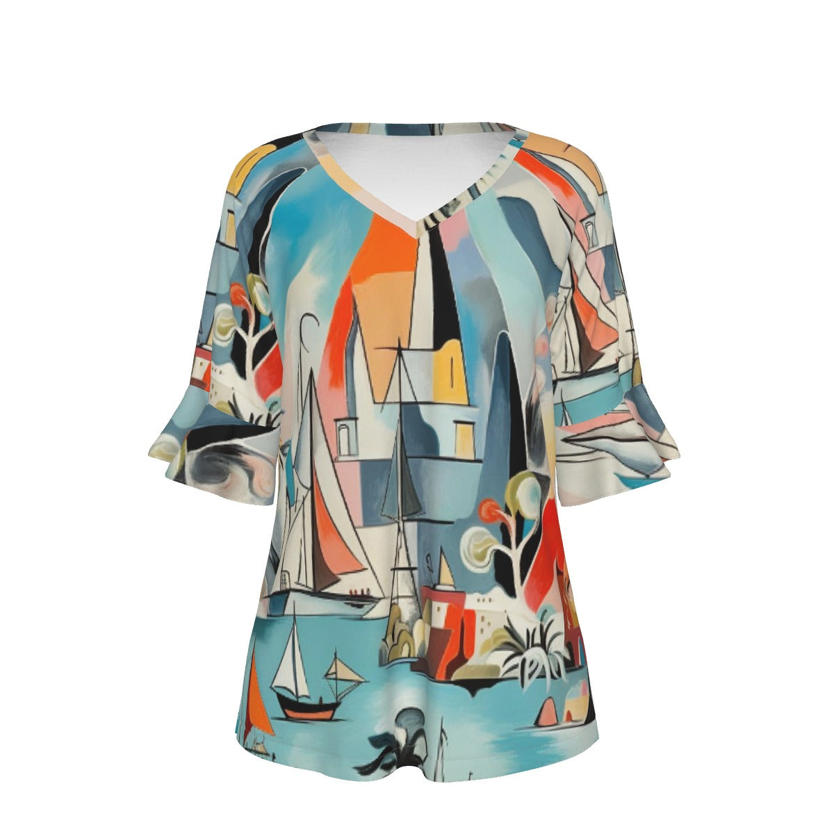 All-Over Print V-neck Women's T-shirt With Bell Sleeve