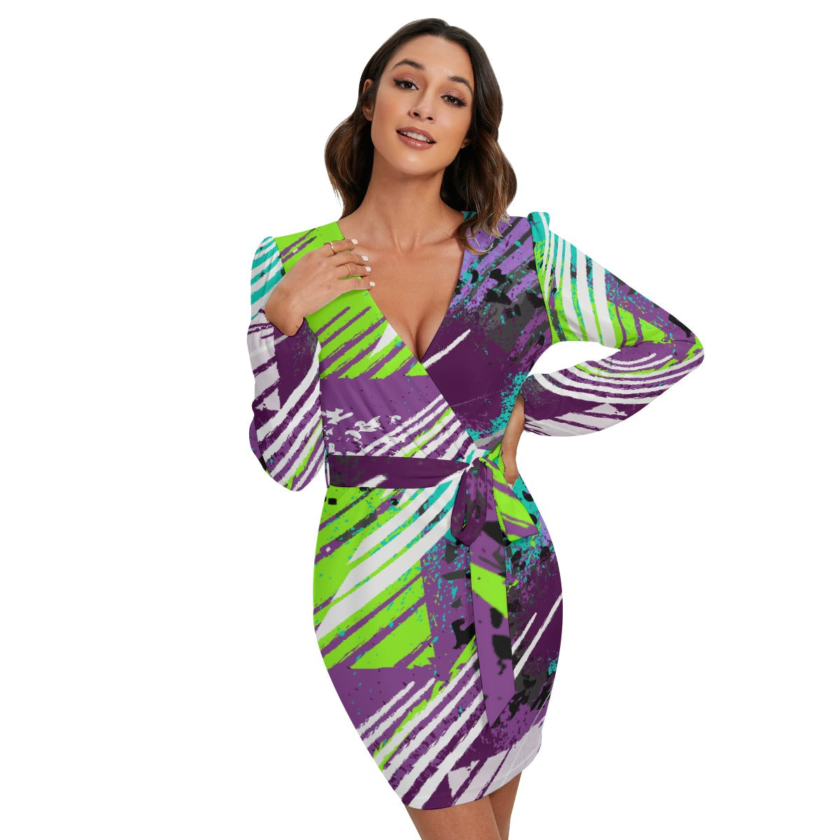 All-Over Print Women's Long Sleeve Dress With Waist Belt