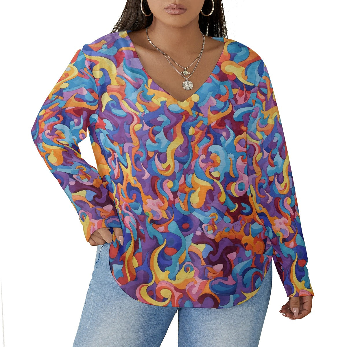 All-Over Print Women's V-neck T-shirt With Curved Hem(Plus Size)