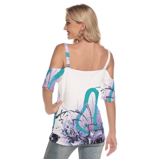 All-Over Print Women's Cold Shoulder T-shirt With Criss Cross Strips