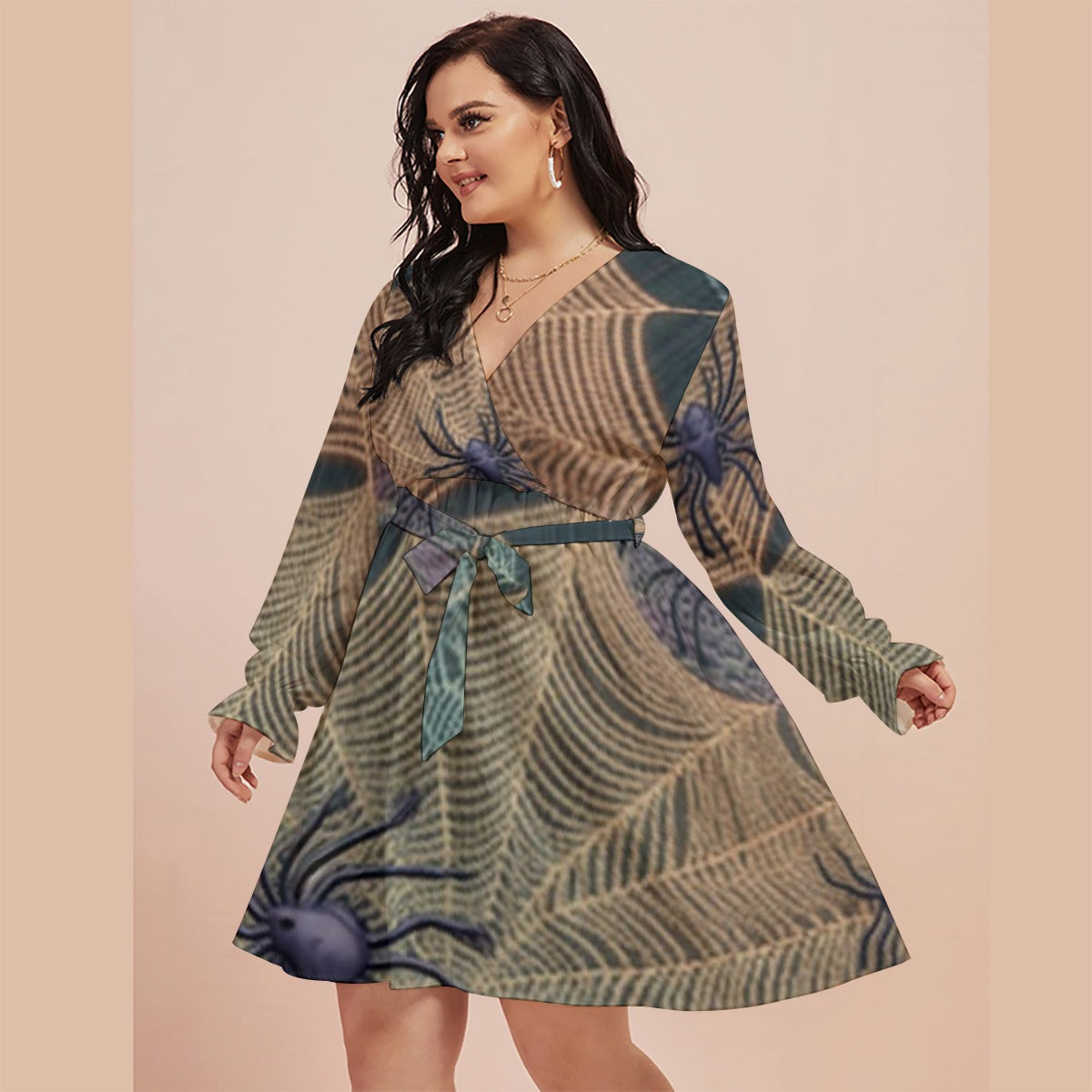 All-Over Print Women's V-neck Dress With Waistband(Plus Size)