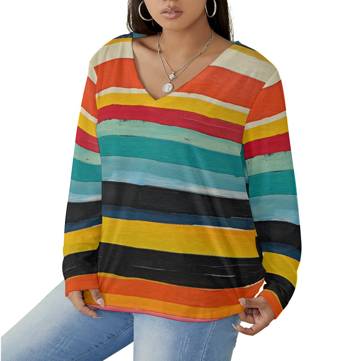 All-Over Print Women's V-neck T-shirt With Curved Hem(Plus Size)