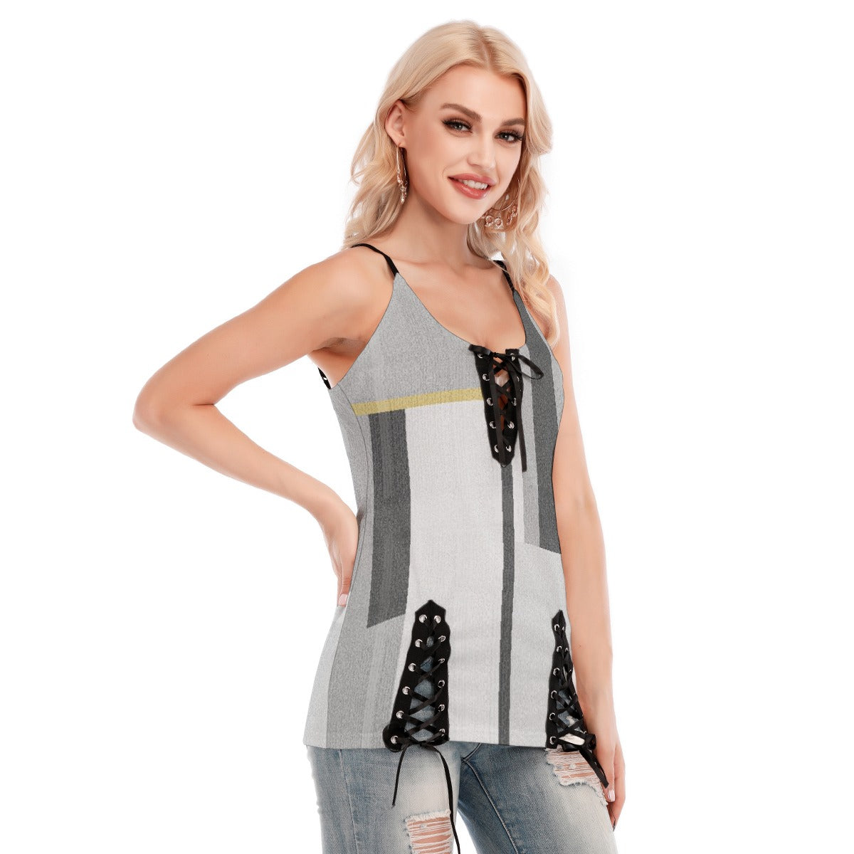 All-Over Print Women's V-neck Eyelet Lace-up Cami Dress