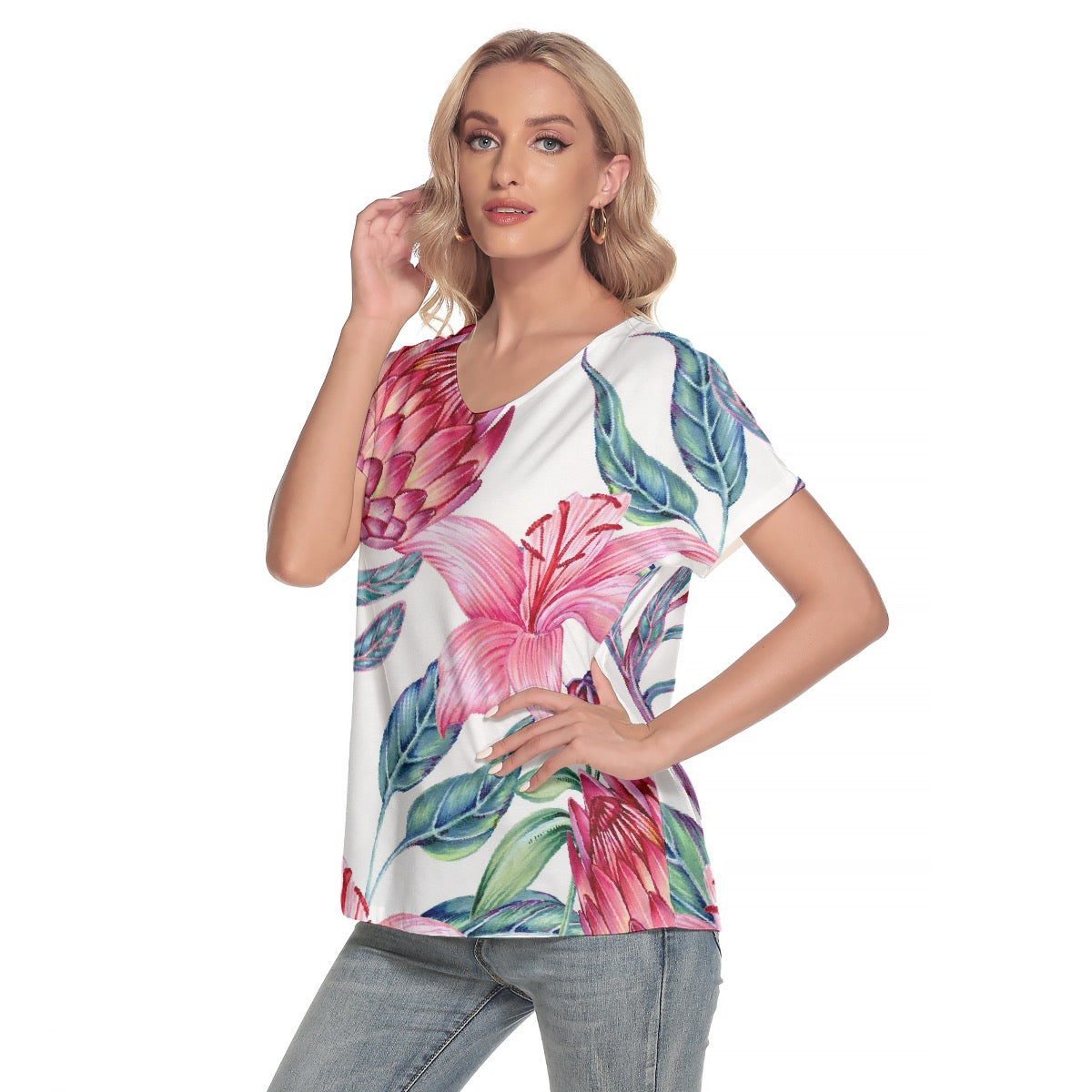 All-Over Print Women's Loose V-neck Short Sleeve T-shirt