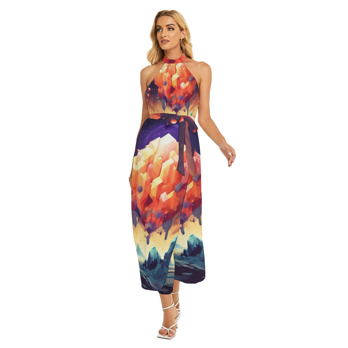 All-Over Print Women's Wrap Hem Belted Halter Dress